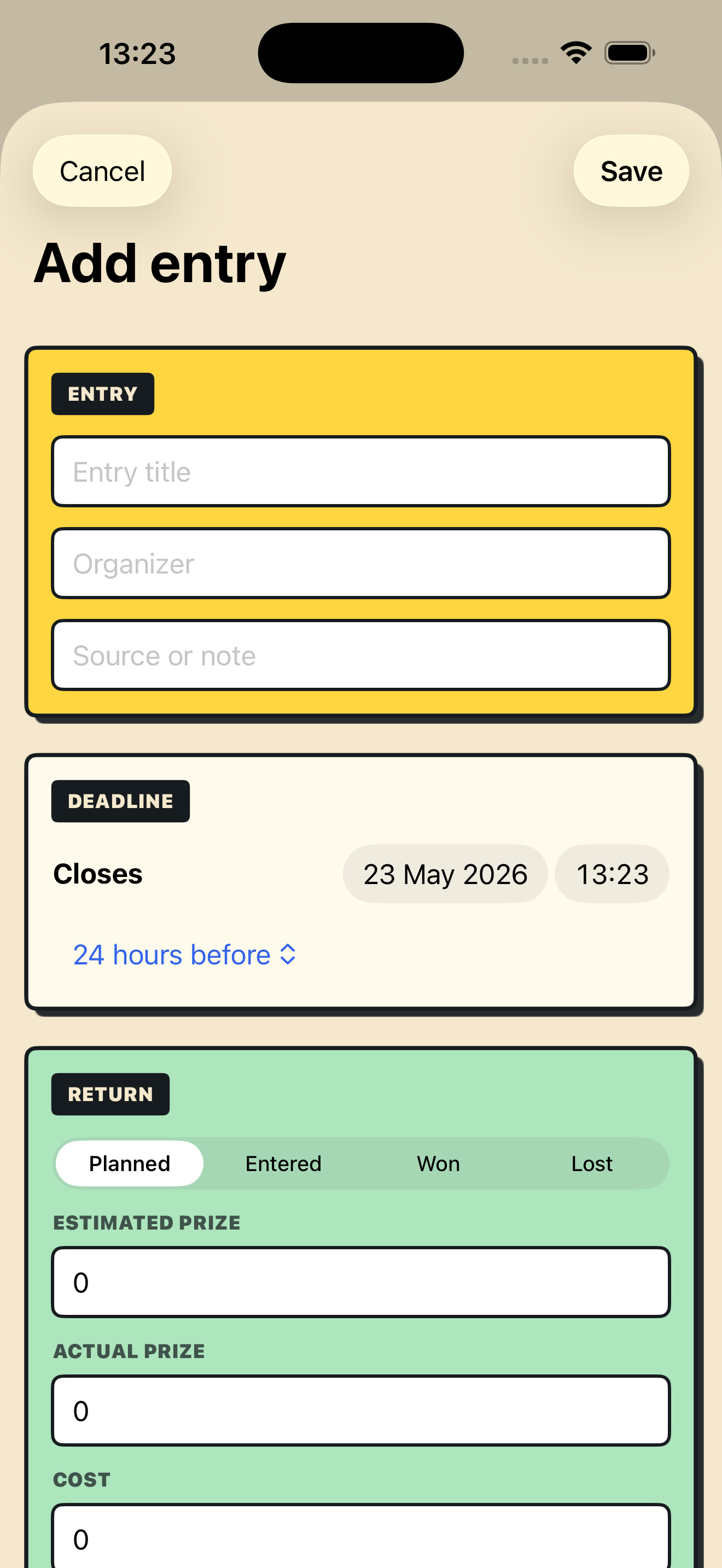 SWEEP add-entry screen with deadline and return fields.