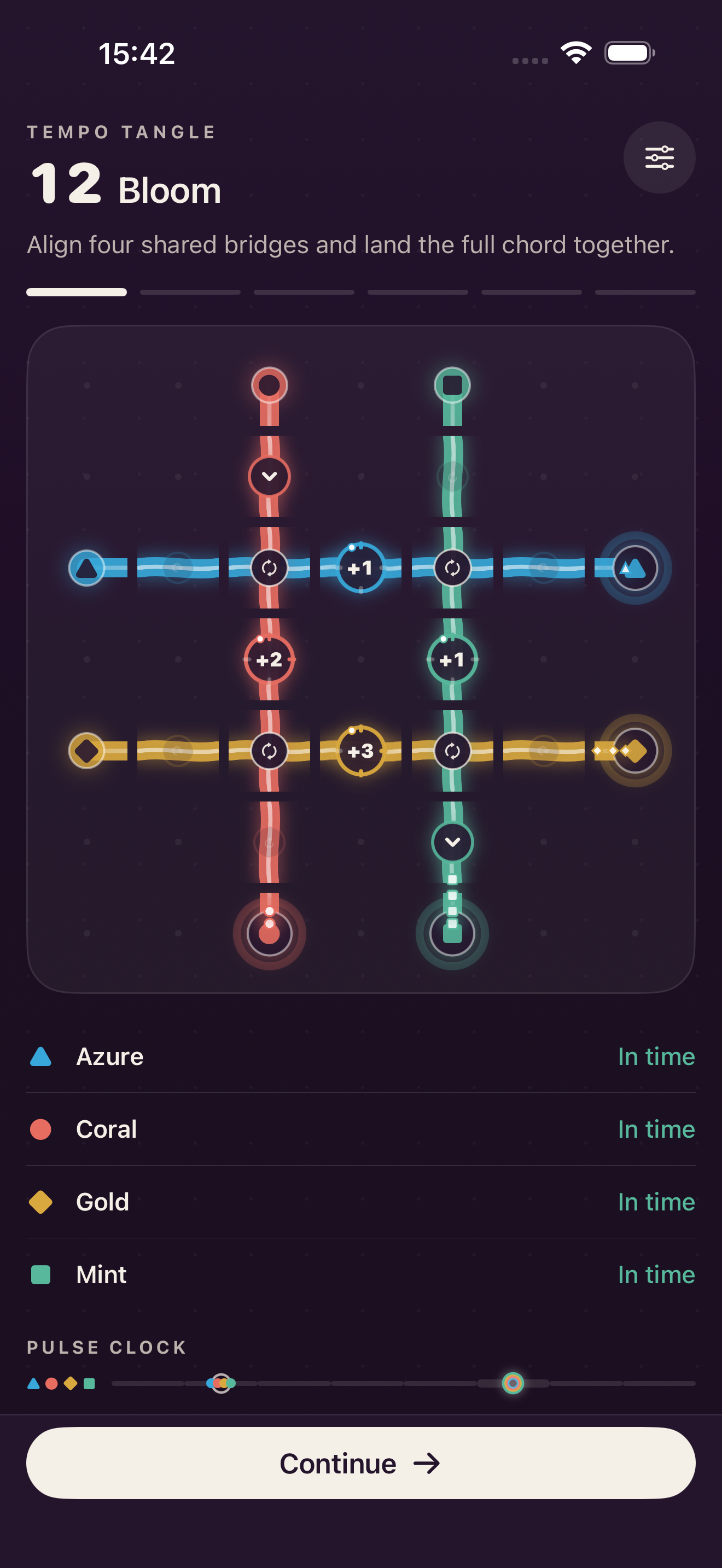 A solved four-voice Tempo Tangle puzzle glowing in blue, coral, gold, and mint