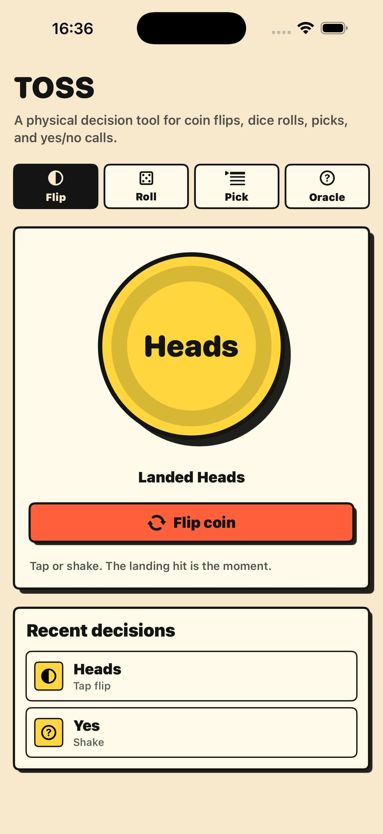 TOSS coin flip screen showing a landed coin