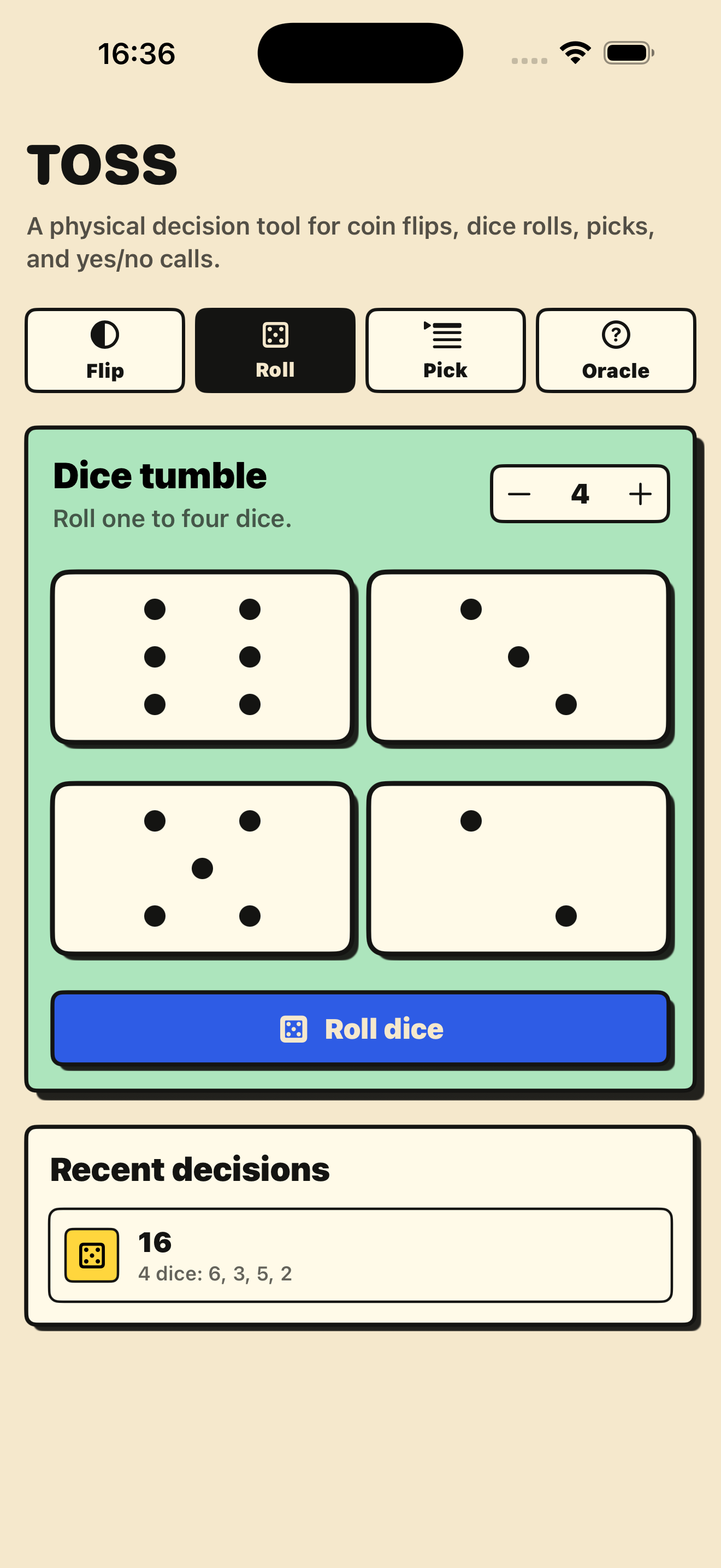 TOSS dice roller screen with large dice