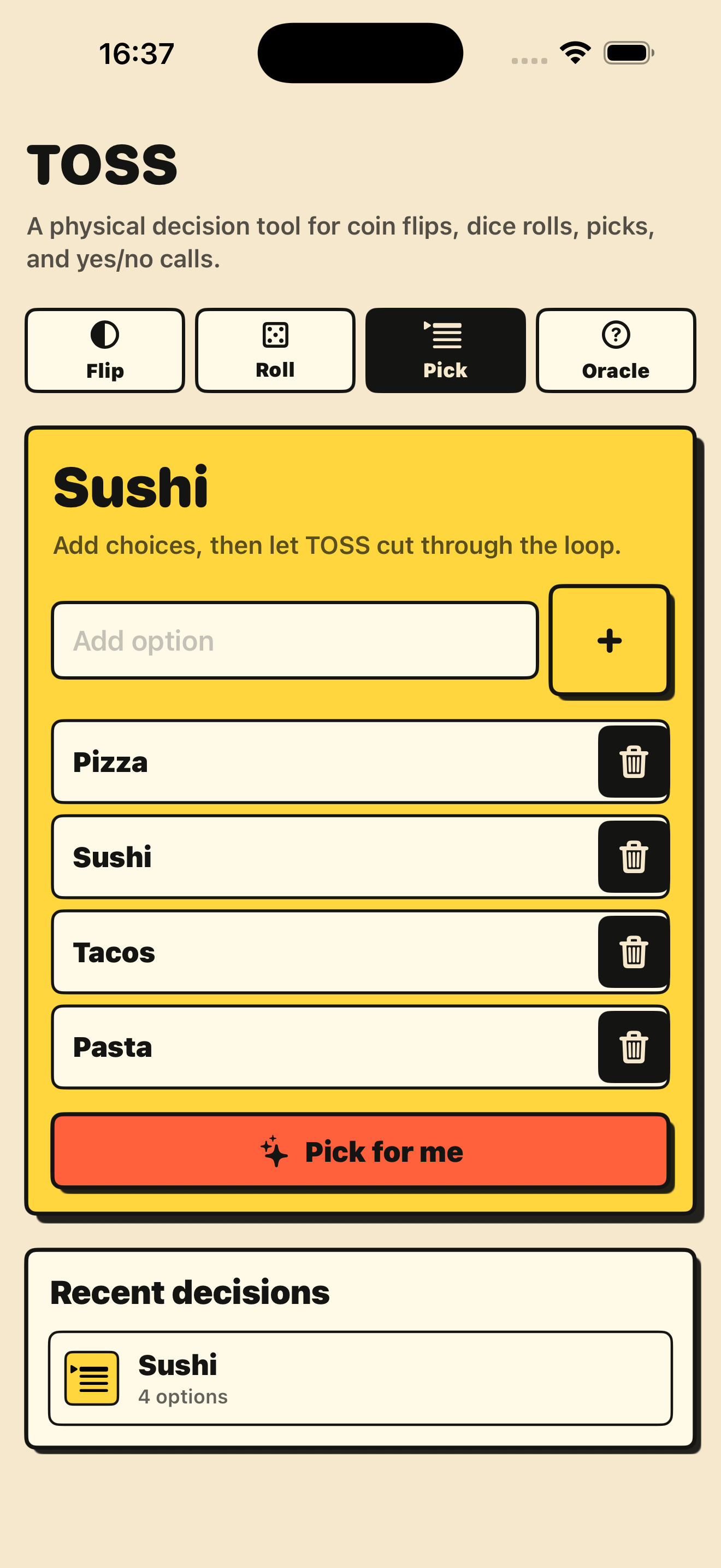TOSS custom option picker screen