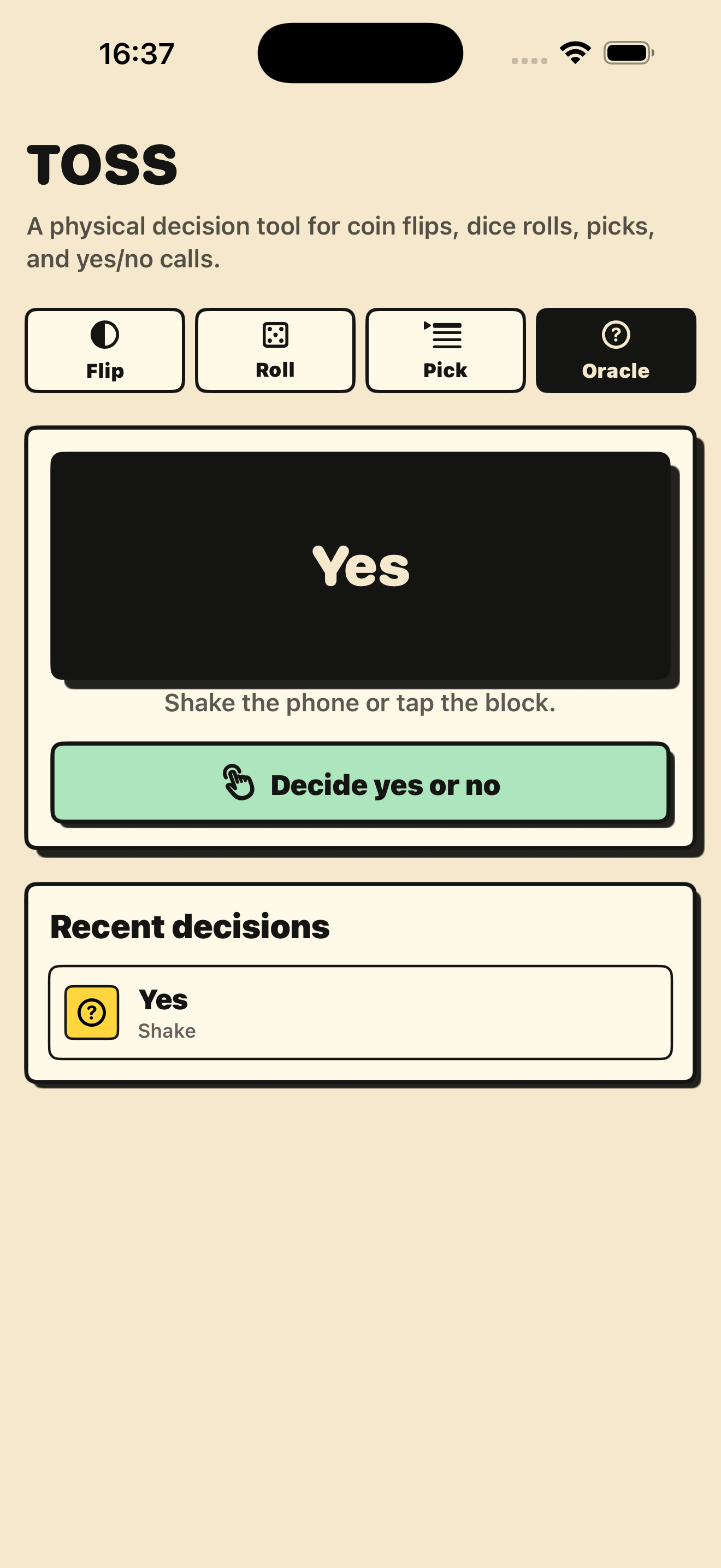 TOSS yes/no oracle screen