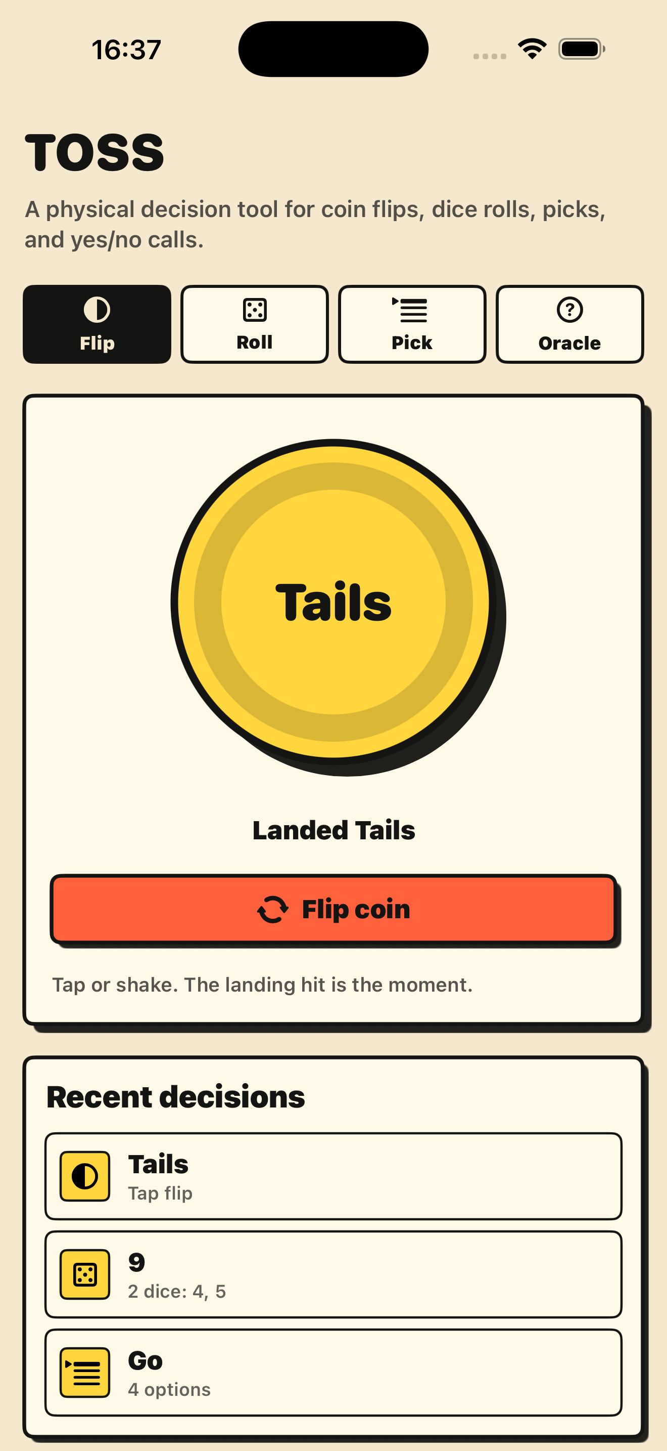 TOSS local recent decisions screen